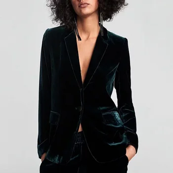 Abrigo de terciopelo con un botón para Mujer, chaqueta color negro, para oficina, color verde oscuro, para otoño e invierno, 2019