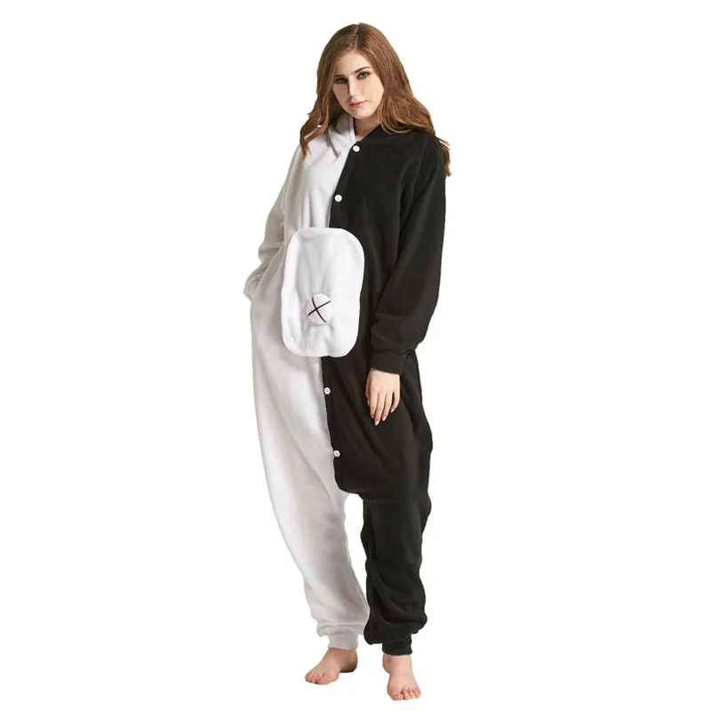 Black White Bear Kigurumis Animal Onesie Danganronpa Monokuma Pajama Women Adult Anime Overalls Jumpsuit Polar Fleece Sleepwear