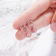 Flscteint femmes mode cristal perle 925 argent boucles d'oreilles mignon creux chat petites boucles d'oreilles clous d'oreille fille cadeau bijoux(China)