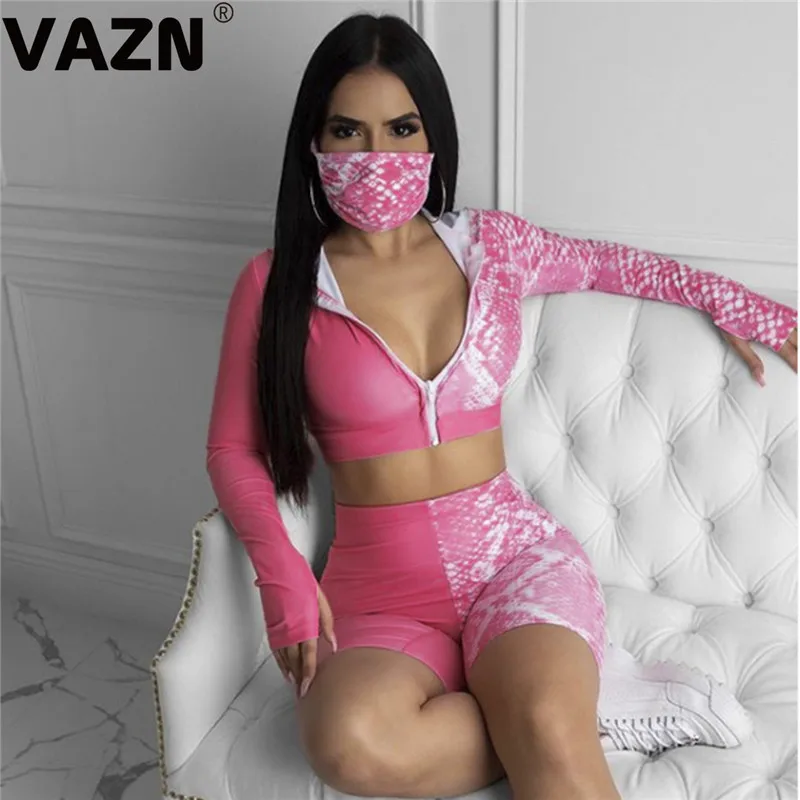 VAZN 2020 Hot Patchwork Tracksuits Energy Young Casual Fashion Full Sleeve Short Pants 1 Piece Mask Slim Women 3 Set |