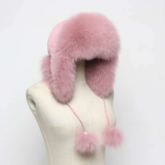 Новые модные шапки из натурального Лисьего меха для русской леди, зимние толстые теплые мягкие шапки из натурального меха, женские шапки-бомберы из натурального Лисьего меха - Цвет: Meat pink