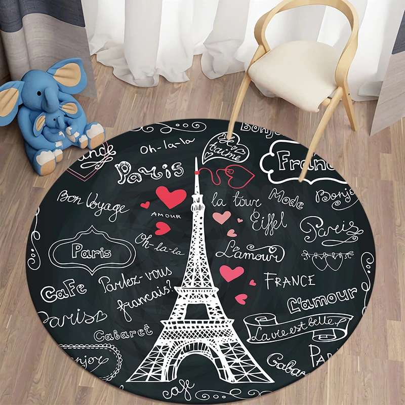 

France Paris Tower Round Carpets for Living Room Letters Print Children's mat Area Rug Black and White Floor Mat Kids Play Mat