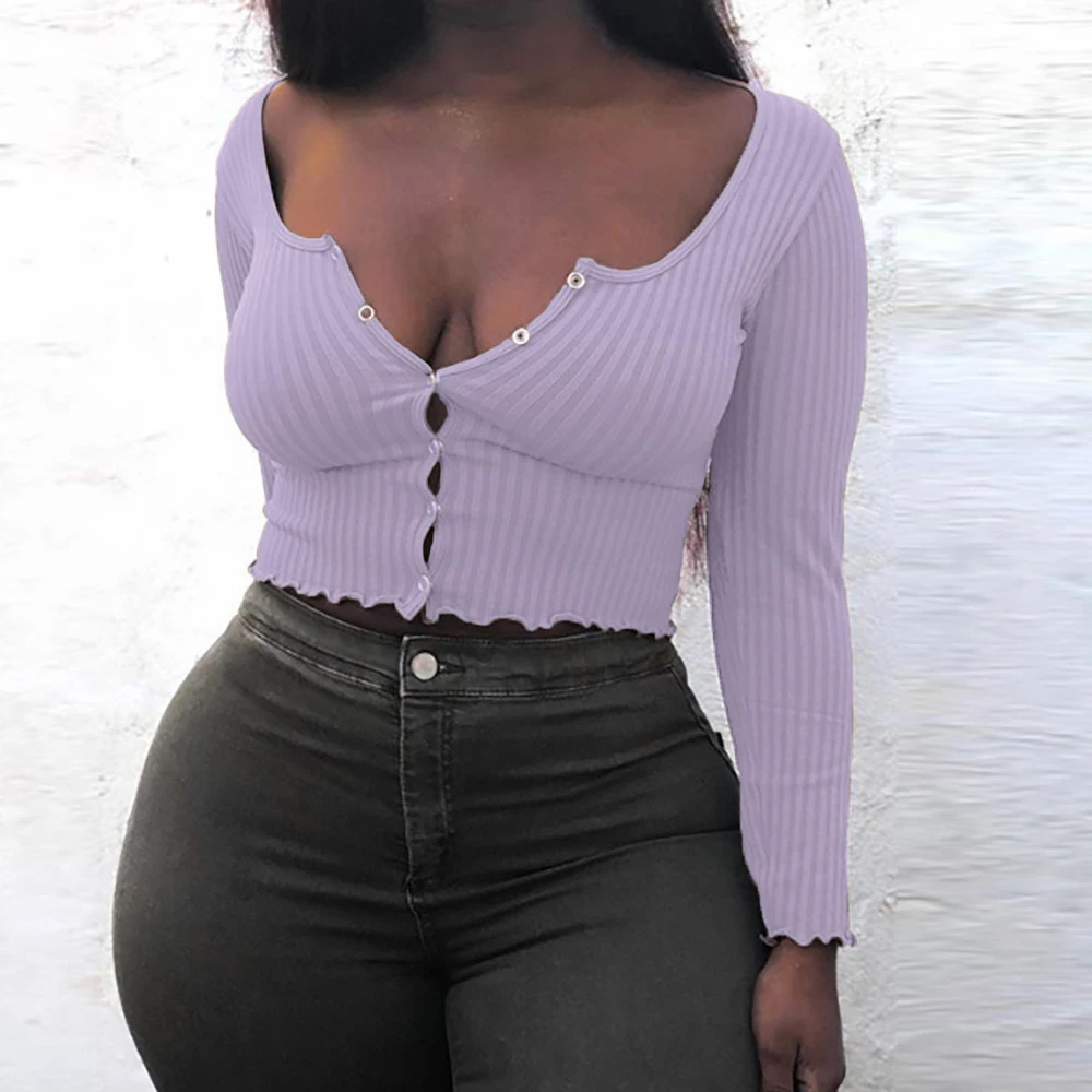 nuevo Ebay Color puro Pit botón cuello pico de manga larga Ear Button nuevo Sexy Denim Crop Tops mujeres Sexy fuera del hombro chica|Camisetas| - AliExpress