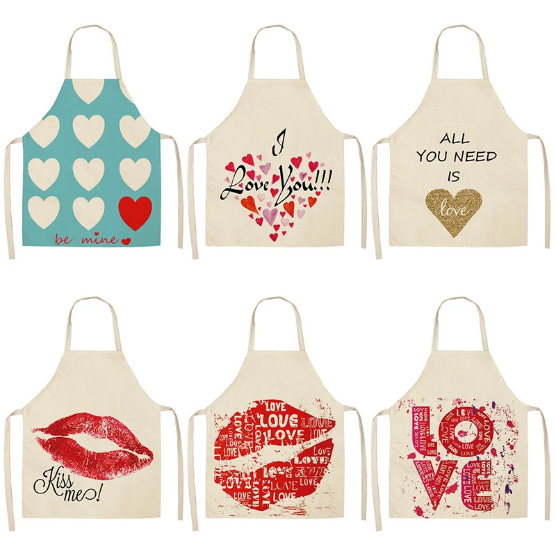1Pcs Red Lips Letter Kitchen Aprons For Women Cotton Linen Bibs Household Cleaning Pinafore Home Cooking Apron 53*65cm WQL0114