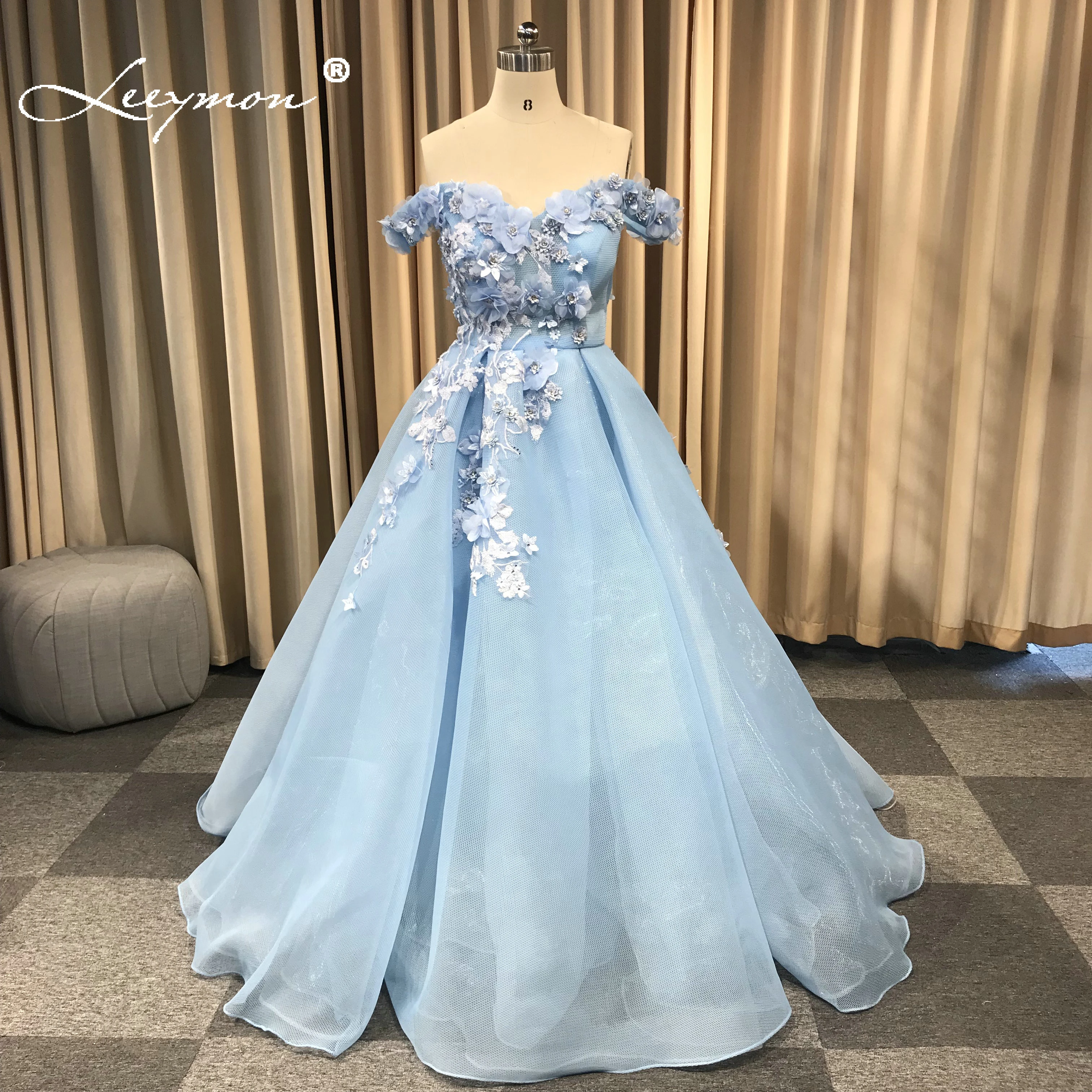 Prestador garaje Apropiado Leeymon vestido de noche azul cielo de tul sin hombros, apliques, vestido  de fiesta, bata de noche|Vestidos de noche| - AliExpress