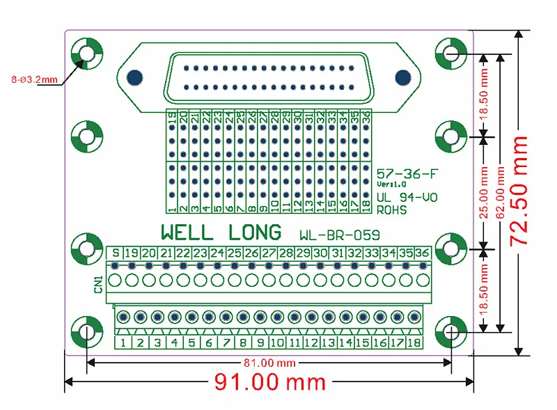 57 серия 36-Pin 0,08" вертикальный вставной гнездовой разъем Breakout Board