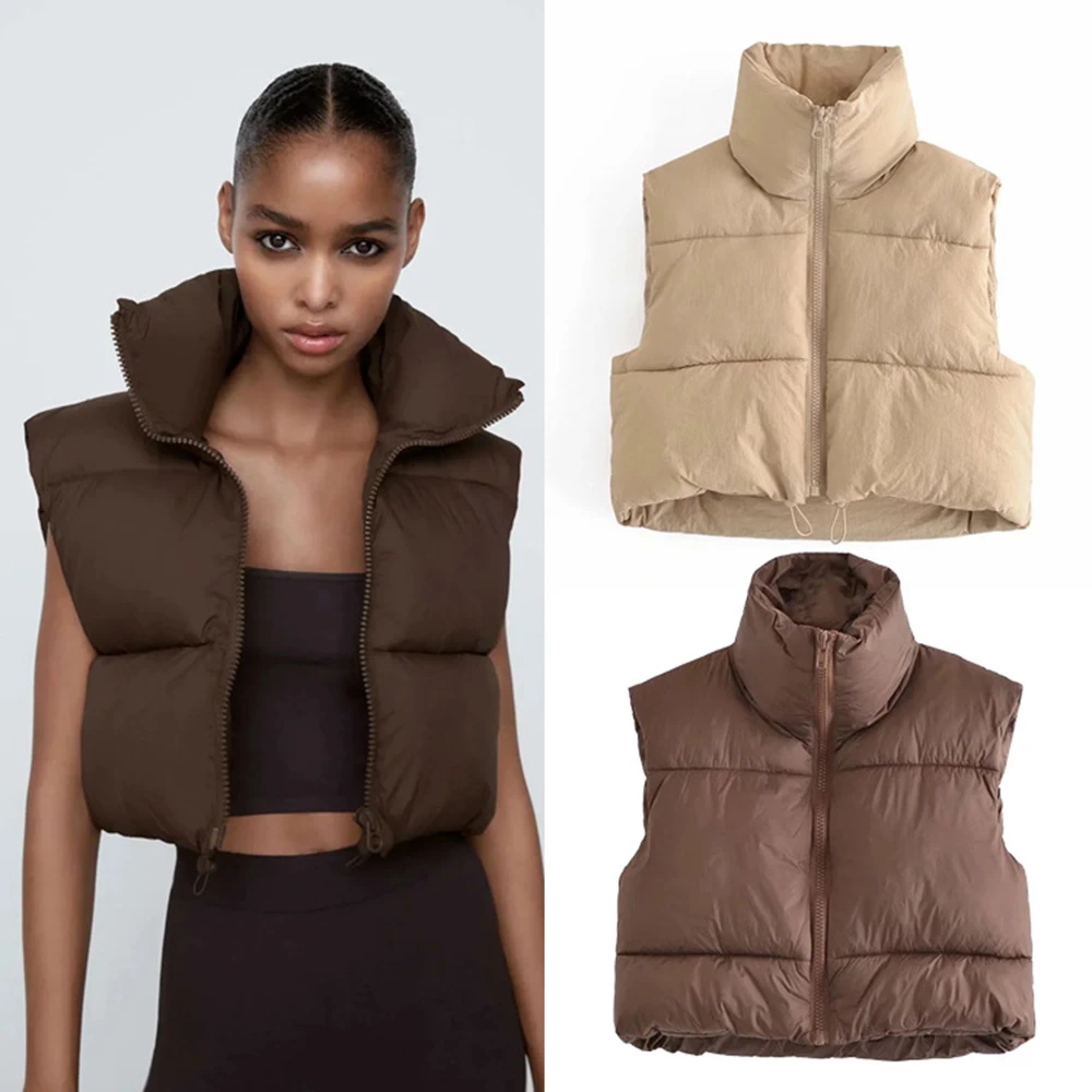 womens puffer vest brown