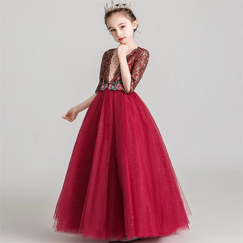 3~14Years Children Girls Elegant Wine-red Luxury Florals Birthday Wedding Party Princess Fluffy Dress Kids Piano Host Dress Wear
