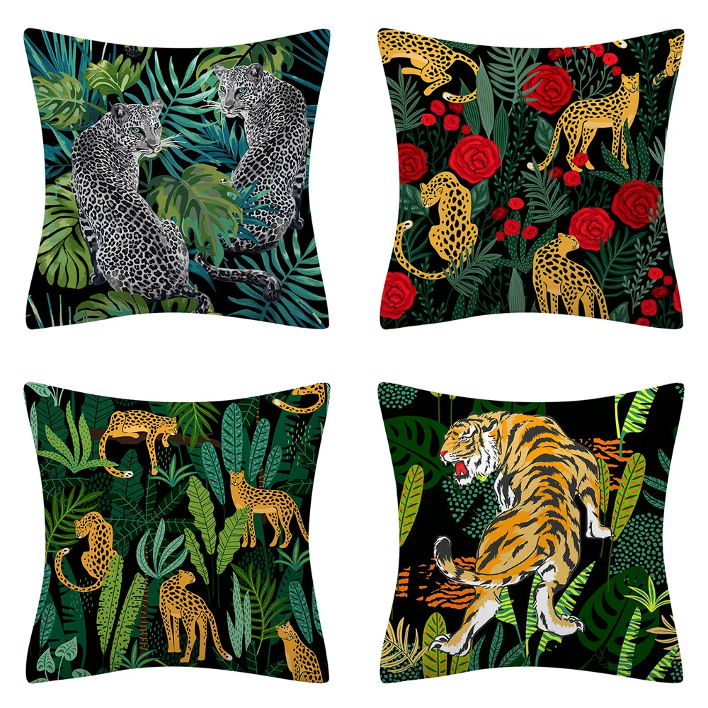 Tropical Jungle Cushion Cover 45x45 Polyester Tiger Leopard Printed Pillowcase Decorative Sofa Cushions Palm Leaf Pillowcover