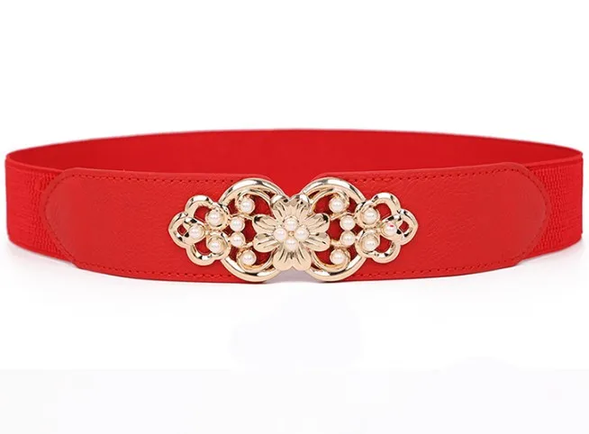 New Fashion Thin PU Leather Belt Simulated Pearl Elastic Waistbands white pearls flower buckle Women for Dress Girls - Цвет: Красный