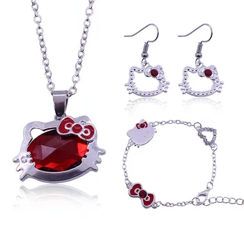 

Japanese cute Hello Kitty pendant necklace earrings bracelet set female sweet animation alloy inlaid red jewelry souvenir