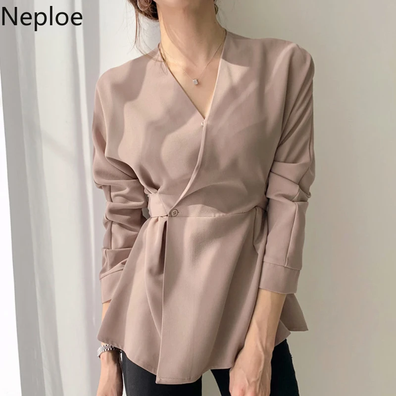 Neploe, корейский стиль, Ретро стиль, v-образный вырез, топ, блузки для женщин, бандаж, тонкая талия, Blusas, длинный рукав, элегантная,, новинка, осень, одноцветная рубашка, 56896