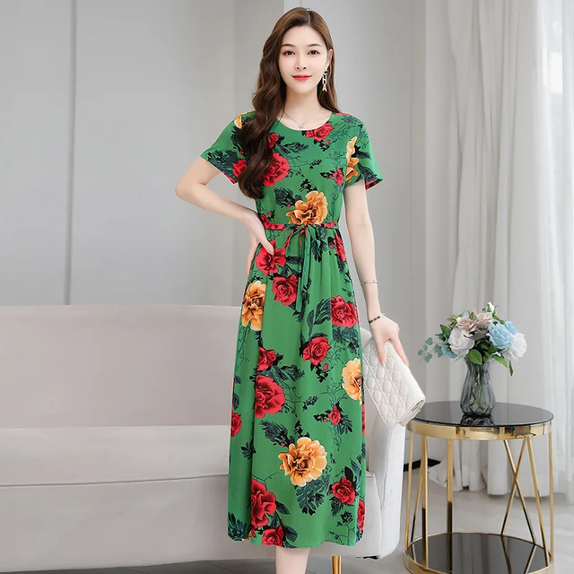 Women Long Dress Summer 2021 O-Neck Short Sleeve Women Vintage Dresses Elegant Cotton Print Casual Dress With Sashes 3