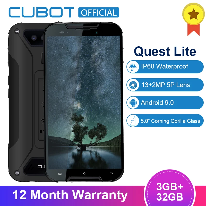 

Cubot Quest Lite Android 9.0 3GB 32GB MT6761 Quad Core Sports Phone 5.0'' IP68 Waterproof Face ID 5P Lens Dual Cameras Celular