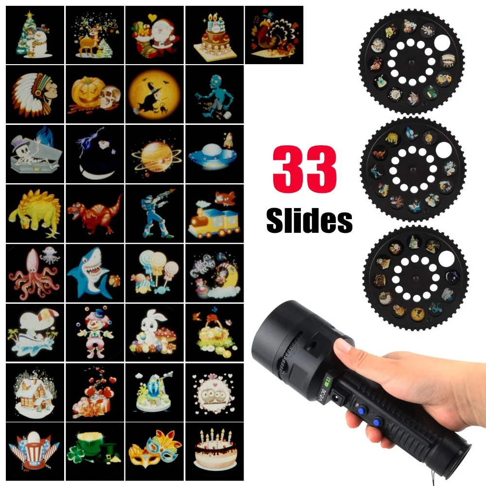 Halloween Christmas New Year LED Portable Flashlight Animation Lamp Animation Film Projection Lamp+ 18650 battery For At Play