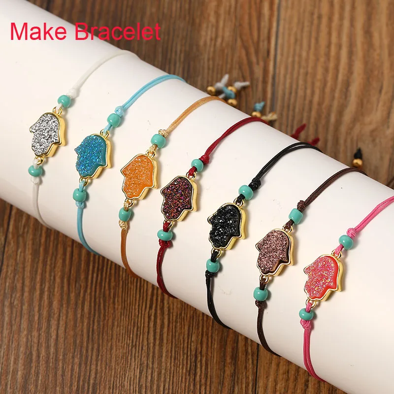 

10PCS Lucky Hamsa Fatima Hand Connector Charms Fit Bracelet Necklace 2 Holes Gold Resin Stone Druzy Pendant Diy Jewelry Findings