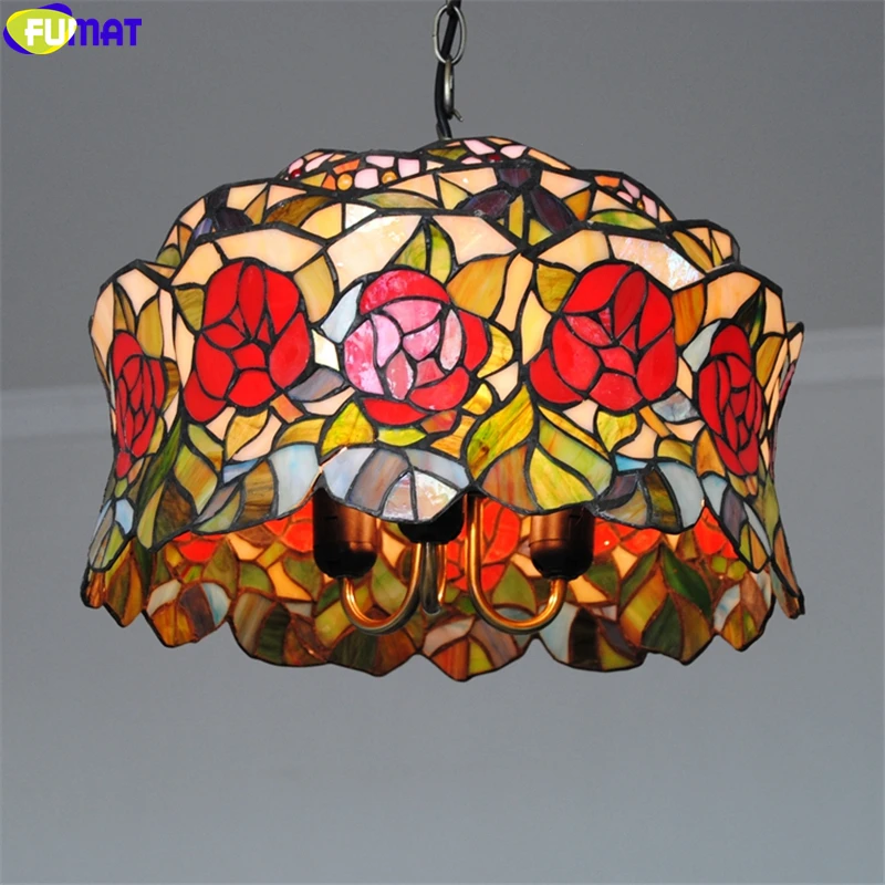 FUMAT Tiffany Style Pendant Lamp 3D Solid  Red Rose Stained Glass Light Handcraft Arts Hanging Light Fixture 8005