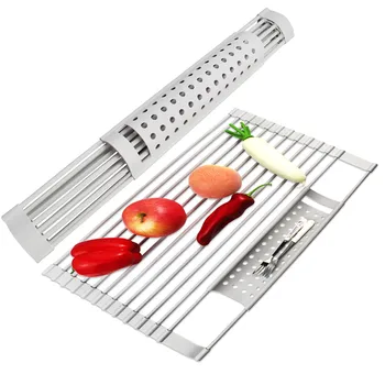 

Drain Rack Kitchen Roll Up Dish Rack Drying Holder Foldable Drainer Organizer Fruit Vegetable Sink Rack with Hanging Basket