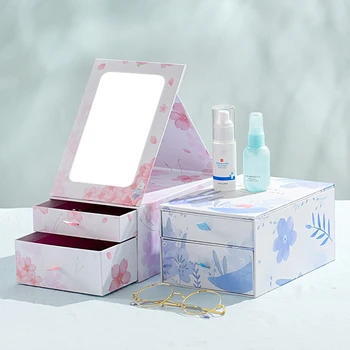 

Portable Desktop Folding Make Up Mirror Cosmetic Holder Organizer With Two Layers Storage Box