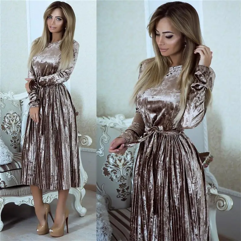 

Autumn Winter Retro Long Sleeve Velvet Dress Women 2019 Bodycon Belted Midi Dress Spring Pleated Party Dresses For Women