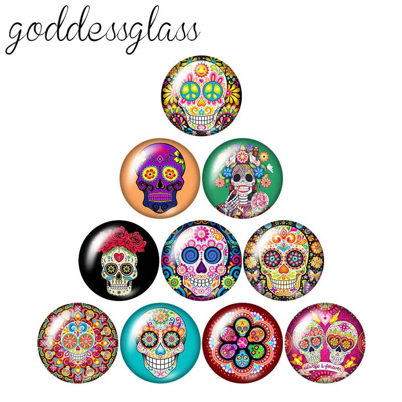 

ZB1274 Flowers patterns Skull Rose punk 10pcs 12mm/18mm/20mm/25mm Round photo glass cabochon demo flat back Making findings