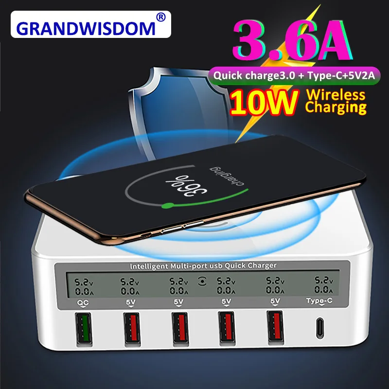 QC 3.0 USB Charger pd Ports Smart Charging Multi Port Travel Charger LCD Digital Display Station Multi Port USB Charging Plug US