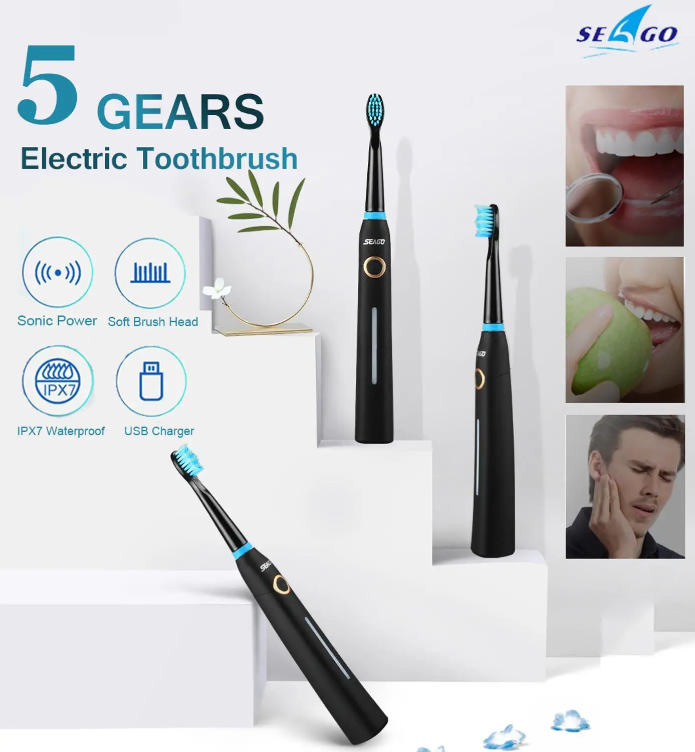 Seago 5gear Ultra Sonic Electric Toothbrush Tooth Brush USB Rechargeable Adult IPX7 Waterproof Ultrasonic Automatic Smart Timer Seago 5gear Ultra Sonic Electric Toothbrush Tooth Brush USB Rechargeable Adult IPX7 Waterproof Ultrasonic Automatic Smart Timer