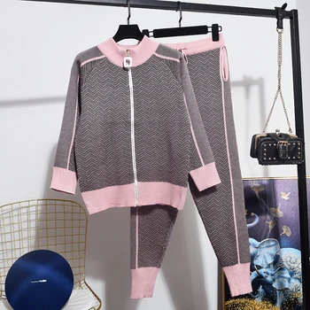 

2020 Spring New Hit color Stripe Women Fashion Knitted Cardigan Coat + Casual Little feet Pants Ladies Two Piece Set Tide H002