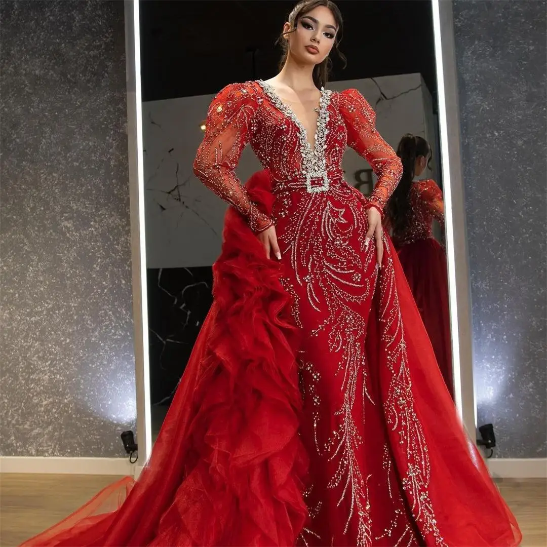 PROD 1005002994441445 2021 Red Mermaid Evening Dress with Detachable
Train Sheer V Neck Beading Prom Gowns Long Sleeves Formal Party Wear