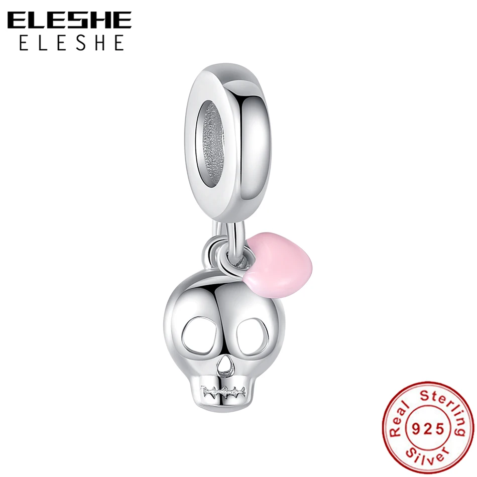 

2021 ELESHE 925 Sterling Silver Skull Dangle Charm Pink Enamel Heart Bead Fit Original Bracelet DIY Jewelry Fashion Girl Gift
