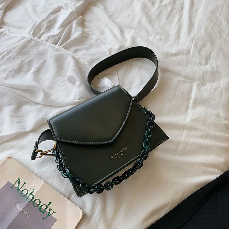 

Casual Acrylic Chain Women's Tote Pu Leather Wide Strap Women's Shoulder Messenger Bags Simple Solid Handbag Purses Female Bags