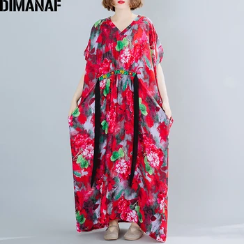 

DIMANAF Plus Size Dress Women Clothing Summer Sundress Embroidery Floral Print Elegant Lady Vestidos Loose Maxi Long Dress Belt