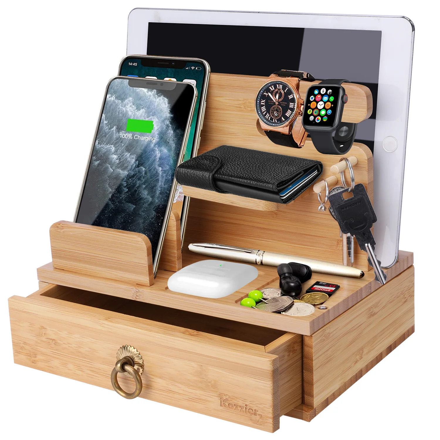 

iCozzier Bamboo Multiple Device Desktop Charging Dock Station Organizer Key Holder with Drawer for i Watch,AirPods,iPad,Tablets