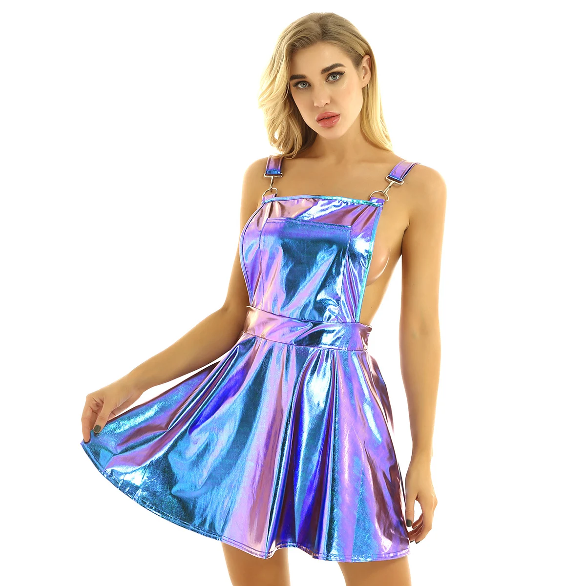 Womens Shiny Metallic Bib Overall Pinafore Prom Dress Rave Costumes Night Club Singer Dancewear Braces Mini Suspender Dresses