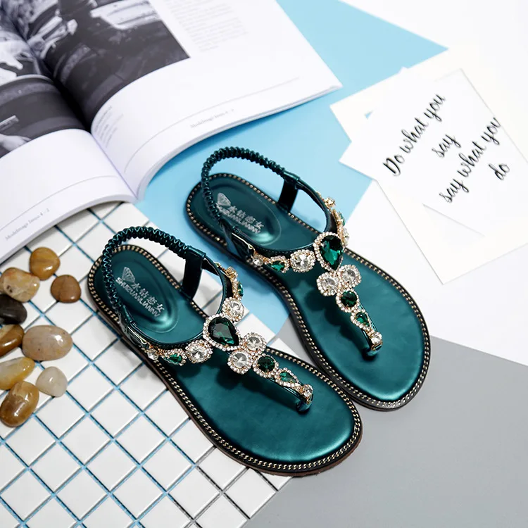 

2019 New Style Versatile Flip-flop Flat Bohemian Man-made Diamond Sandals Casual Fashion Flat Heel Students Sandals