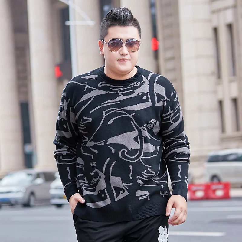 Большой размер 4XL 5XL 6XL О-образным вырезом с длинным рукавом мужские свитера 7XL 8XL Плюс Размер Свободный Черный Принт зимний теплый вязаный свитер - Цвет: black
