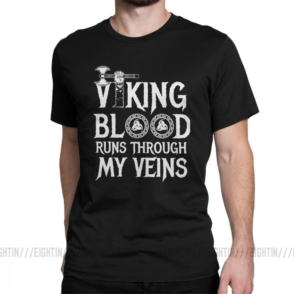 Футболка с викингом Blood Runs In My Viens Valhalla, Мужская Дизайнерская одежда, модные футболки с круглым вырезом из хлопка - Цвет: Черный