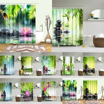 

High Quality Natural Bamboo Stone Print Mildewproof Shower Curtain 3D Polyester Fabric Waterproof Bathroom Curtain Home Decor