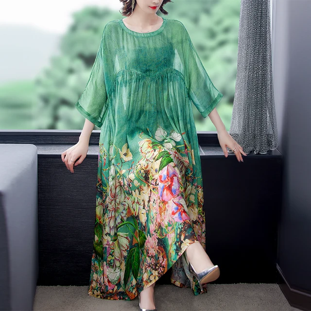 ZUOMAN 5XL Plus Size Loose Mulberry Silk Maxi Sundress 2021 Summer Casual Floral Boho Beach Midi Dresses Elegant Bodycon Party V 3