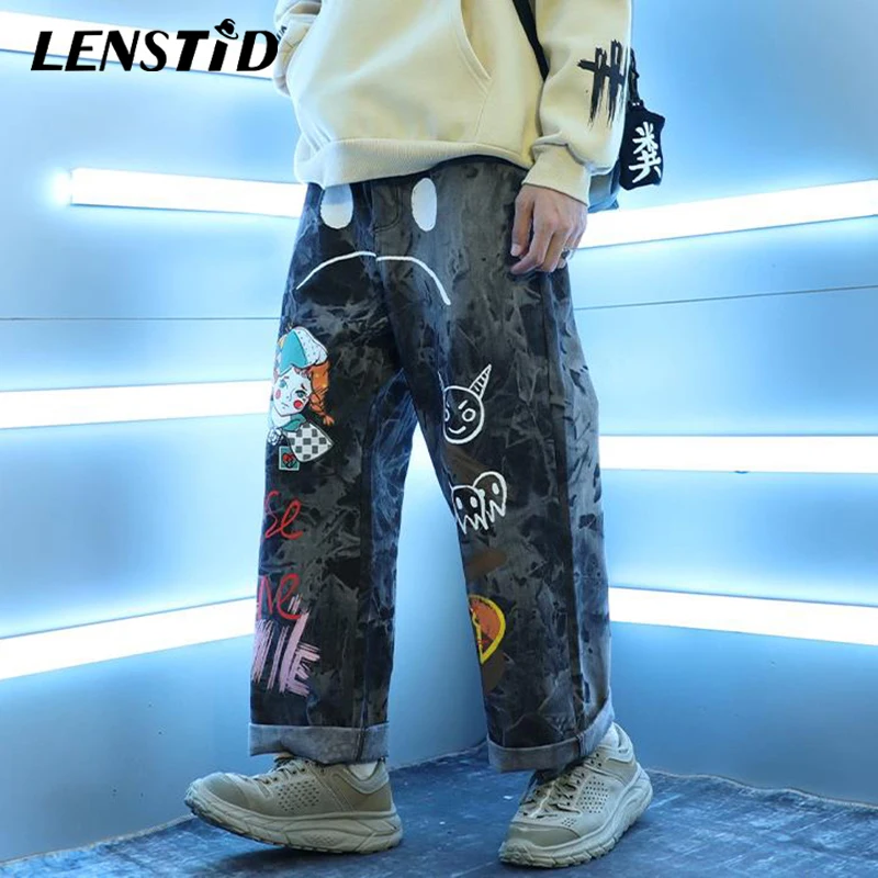 LENSTID, хип-хоп штаны, уличная одежда, мужские свободные джинсовые штаны с принтом граффити, черные винтажные джинсы, Харадзюку, джоггеры, хлопковые брюки