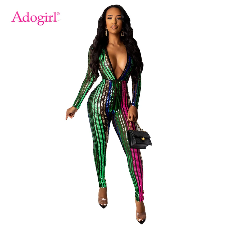 Женский комбинезон в цветную полоску Adogirl Облегающий с блестками глубоким