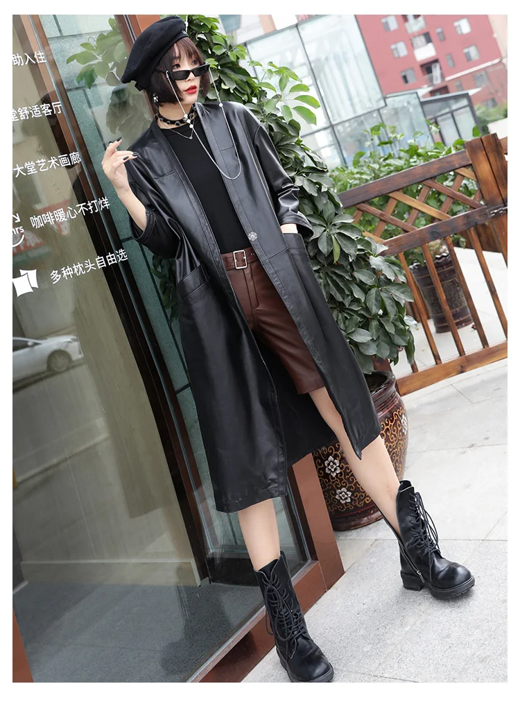 Genuine Leather Trench Elegant V Neck Single Button Sheepskin X-Long Coat Women Autumn Winter Casual Office Lady Plus Outwear