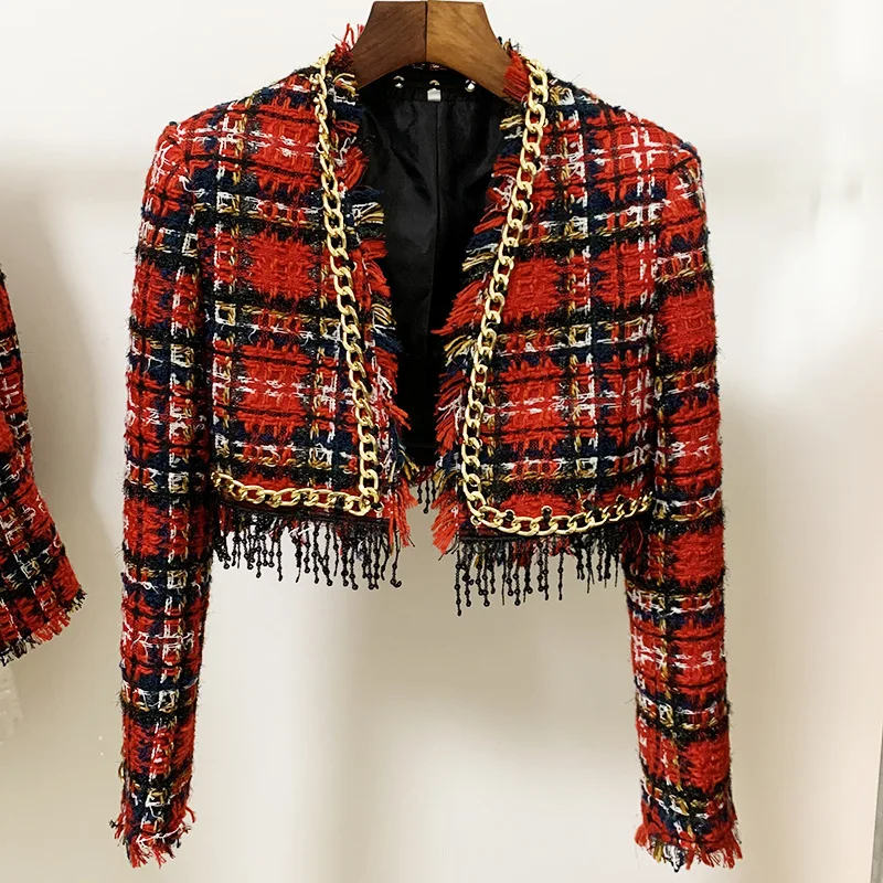 

2021 Spring Autumn Chic women's Short coat High quality metal Chain tassels plaid tweed jackets C816