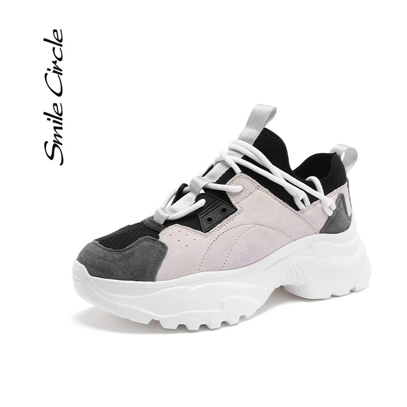 

Smile Circle chunky Women Sneakers Flat Platform shoes Autumn Breathable Lace-up Casual shoes Ladies shoes