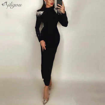 

Ailigou Fall Women's High Quality Black White Winter Sexy Fashion Halter Diamond Tassel Rayon Bandage Dress Long Party Dress