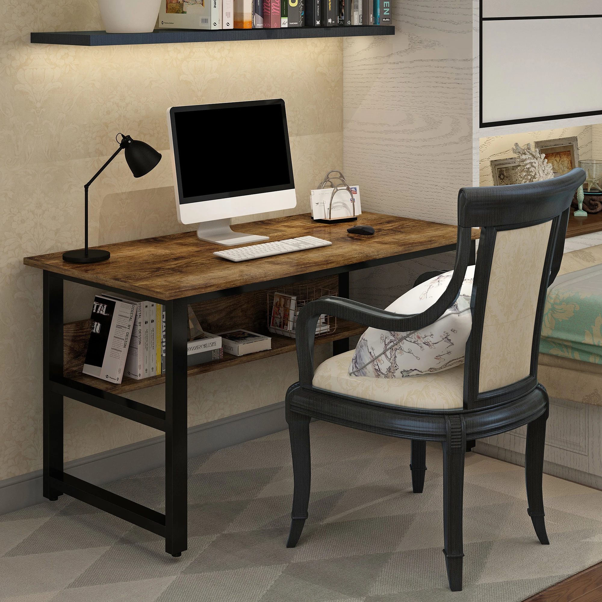 Escritorio de diseño multiusos para ordenador, mesa de para oficina en casa, marco de Metal negro, Color carbón madera|Escritorios para ordenador| - AliExpress