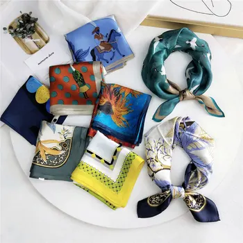 

100% Real Silk Neck Scarf For Women Small Handkerchief Headband Printed Bag Scarfs Female 53*53cm Luxury Hair Scarves For Ladies