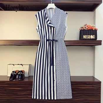 

plus size women Summer sleeveless striped patchwork dress office ladies shirt dresses women holiday beach long dress female