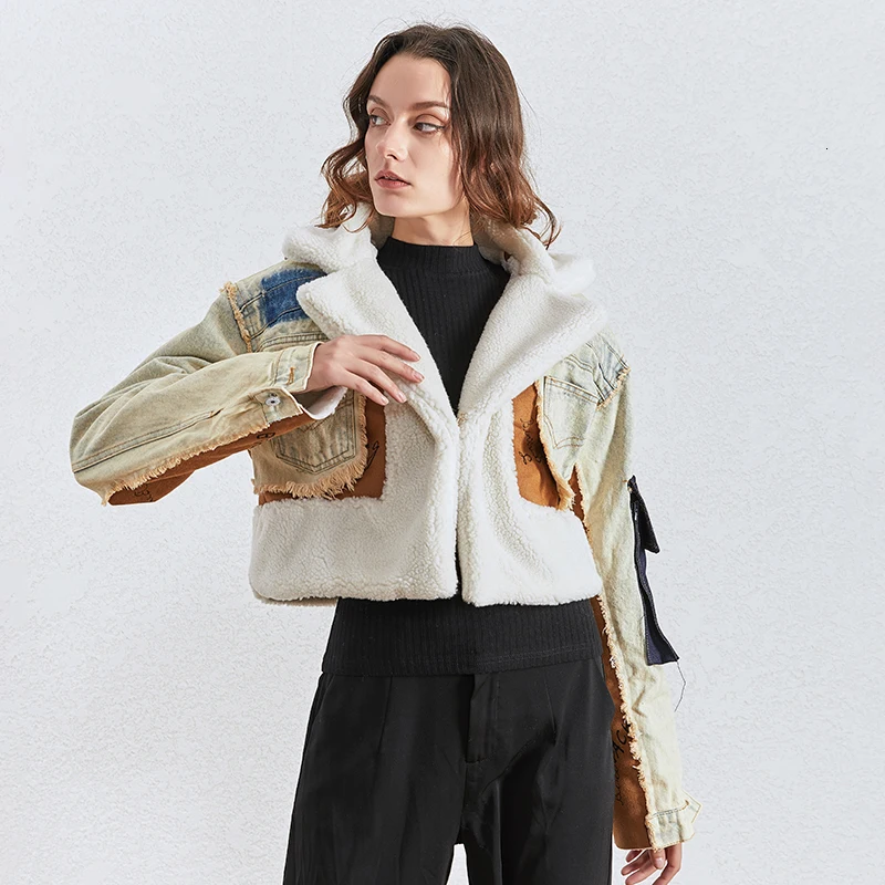 8T2A9724主图.jpg TWOTWINSTYLE Patchwork Hit Color Denim Jacket Women Lapel Collar Long Sleeve Pocket Irregular Coats Female Fashion 2020 Clothing