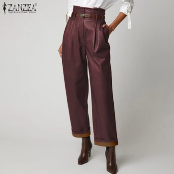 ZANZEA-Pantalones largos de piel sintética para mujer, pantalón elegante de trabajo, sólido alto, pantalones de pierna ancha de cintura, ropa de calle, 2021
